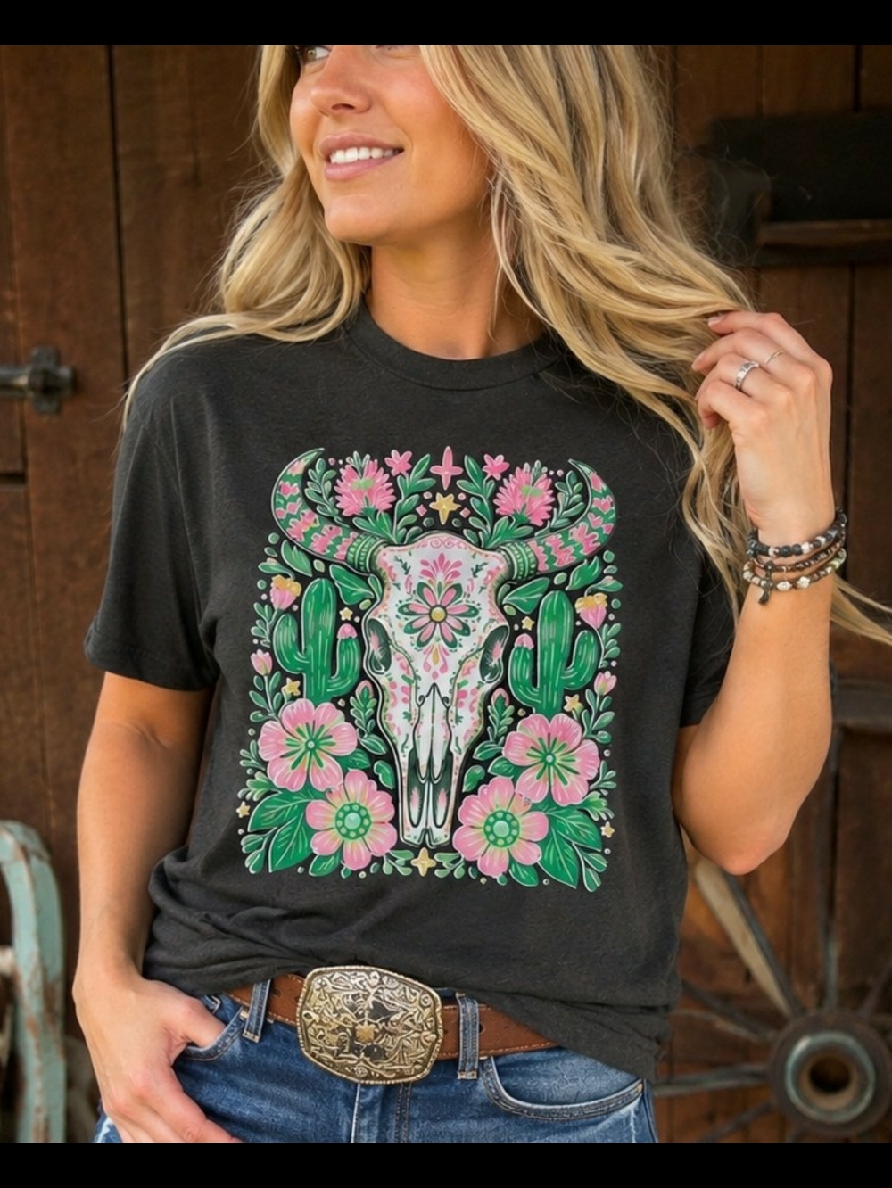 Floral Bull Skull Cotton Graphic Tee - Black